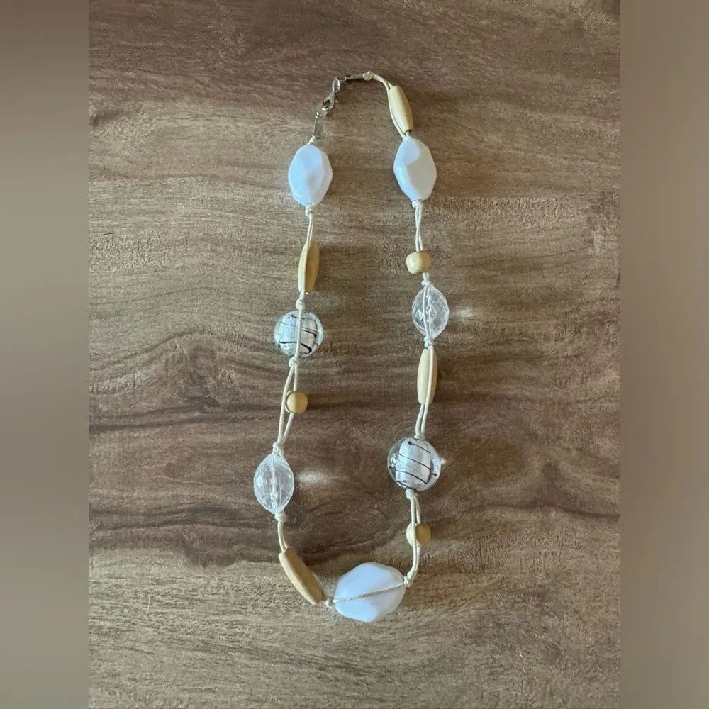 Beachy Rope Necklace Tan & White Acrylic Beads Clear Wooden Beaded Neutral